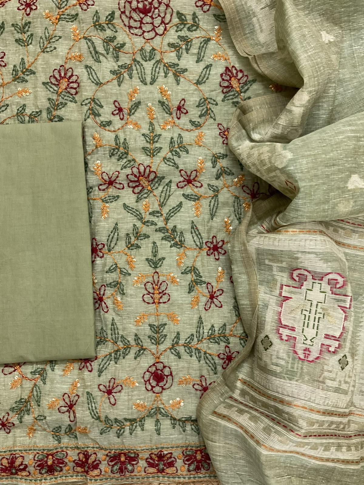 Soft Slub Chanderi Jamdani Weaved Kantha Work Suit - Green