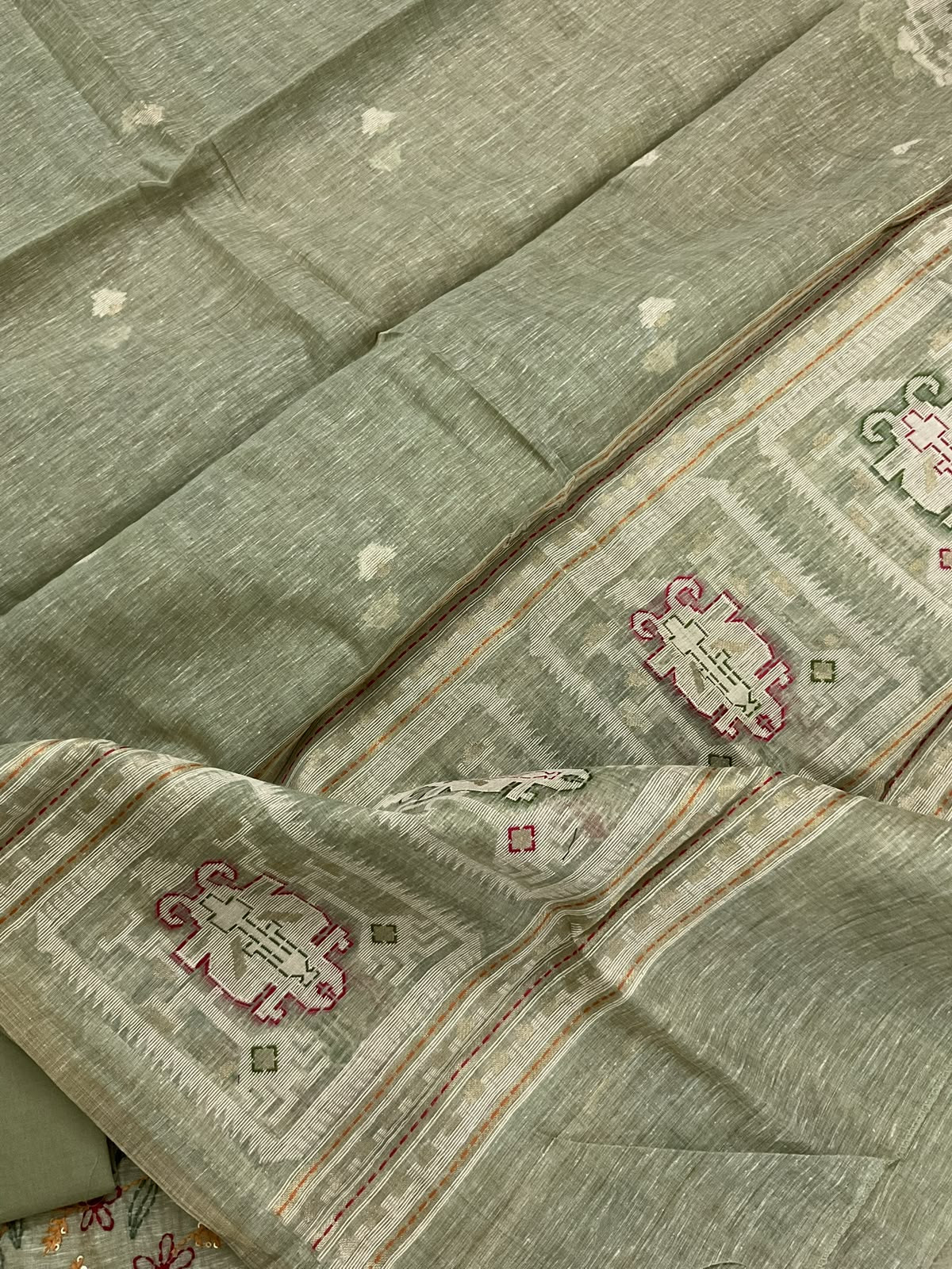 Soft Slub Chanderi Jamdani Weaved Kantha Work Suit - Green