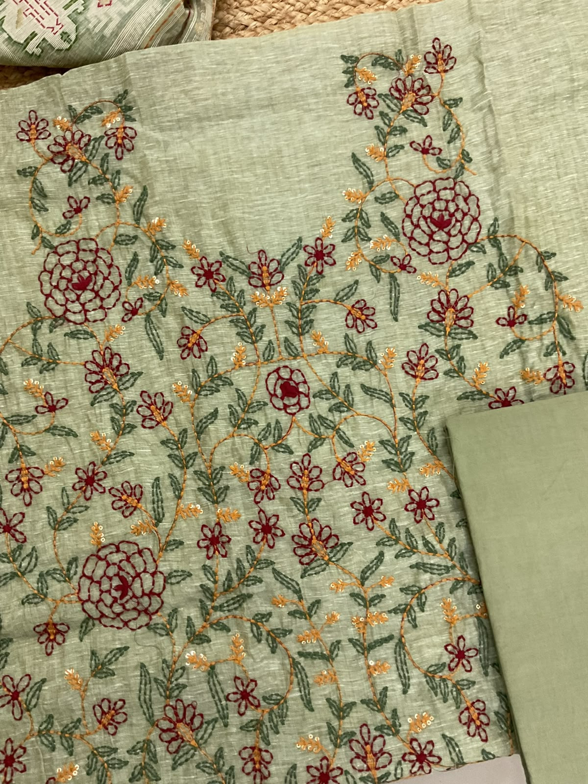 Soft Slub Chanderi Jamdani Weaved Kantha Work Suit - Green