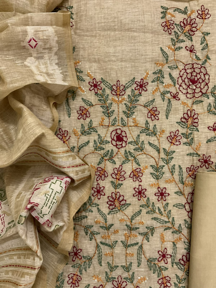 Image of Soft Slub Chanderi Jamdani Weaved Kantha Work Suit - Beige