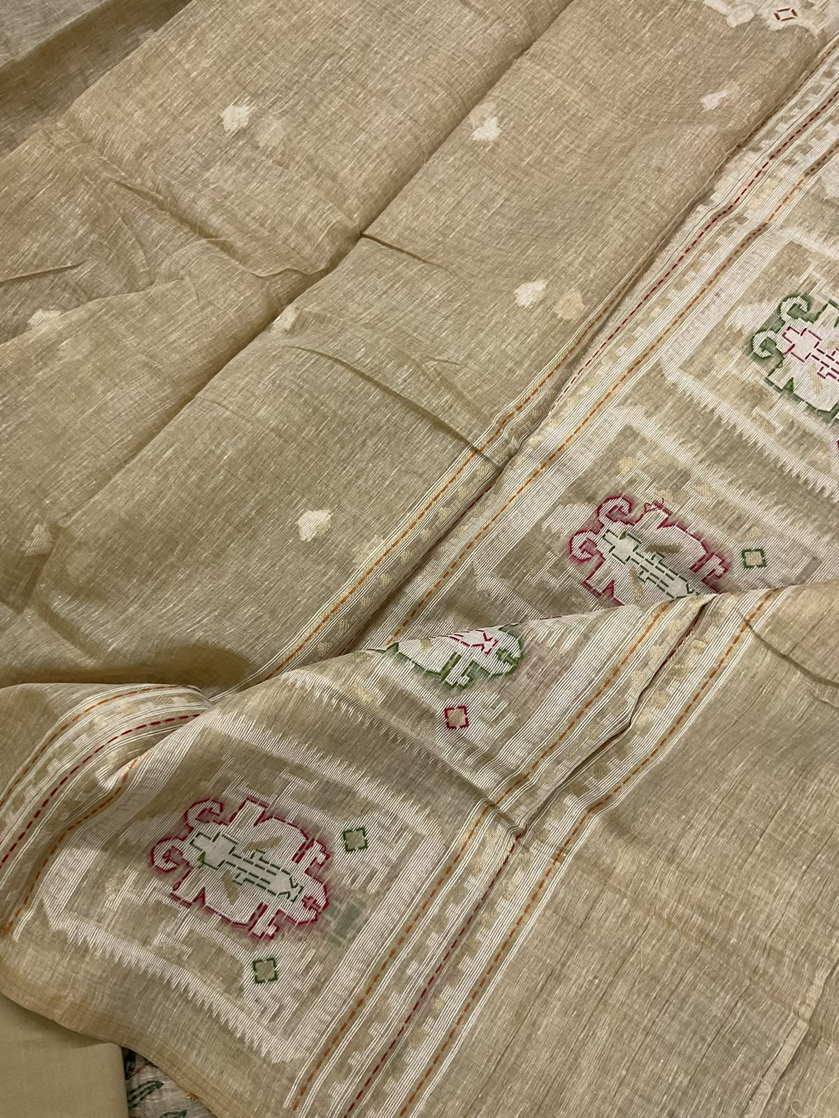 Soft Slub Chanderi Jamdani Weaved Kantha Work Suit - Beige