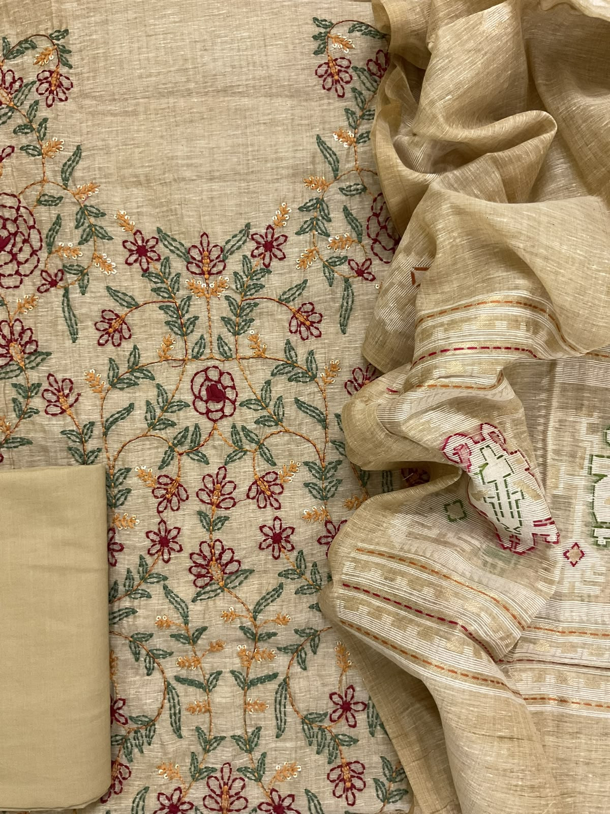 Soft Slub Chanderi Jamdani Weaved Kantha Work Suit - Beige