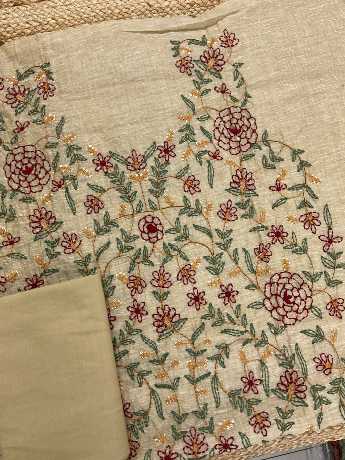 Soft Slub Chanderi Jamdani Weaved Kantha Work Suit - Beige