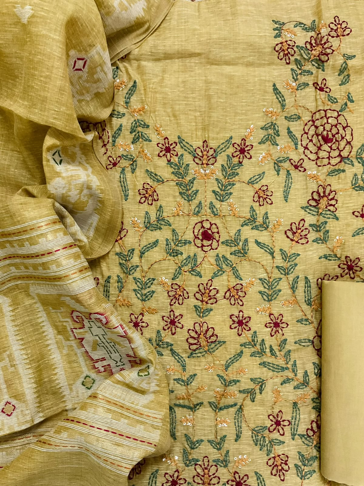 Soft Slub Chanderi Jamdani Weaved Kantha Work Suit - Yellow