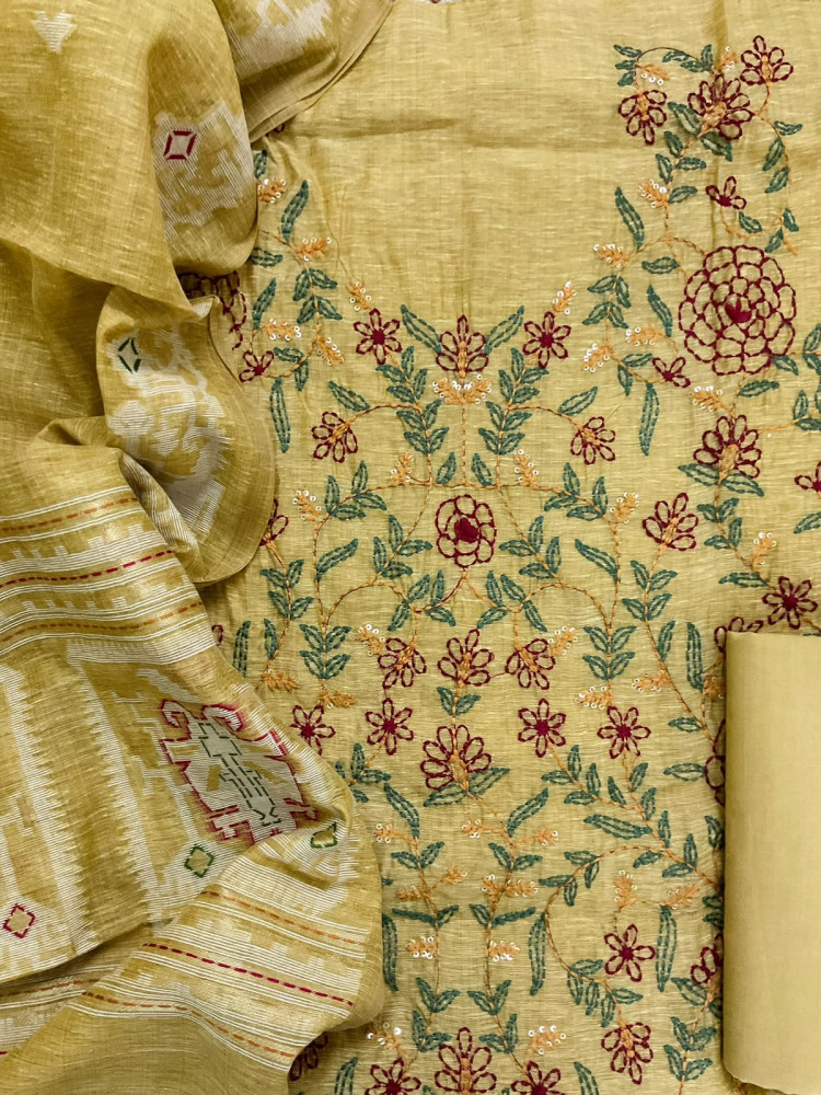 Image of Soft Slub Chanderi Jamdani Weaved Kantha Work Suit - Yellow