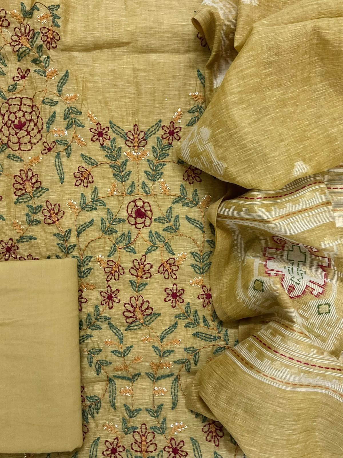 Soft Slub Chanderi Jamdani Weaved Kantha Work Suit - Yellow