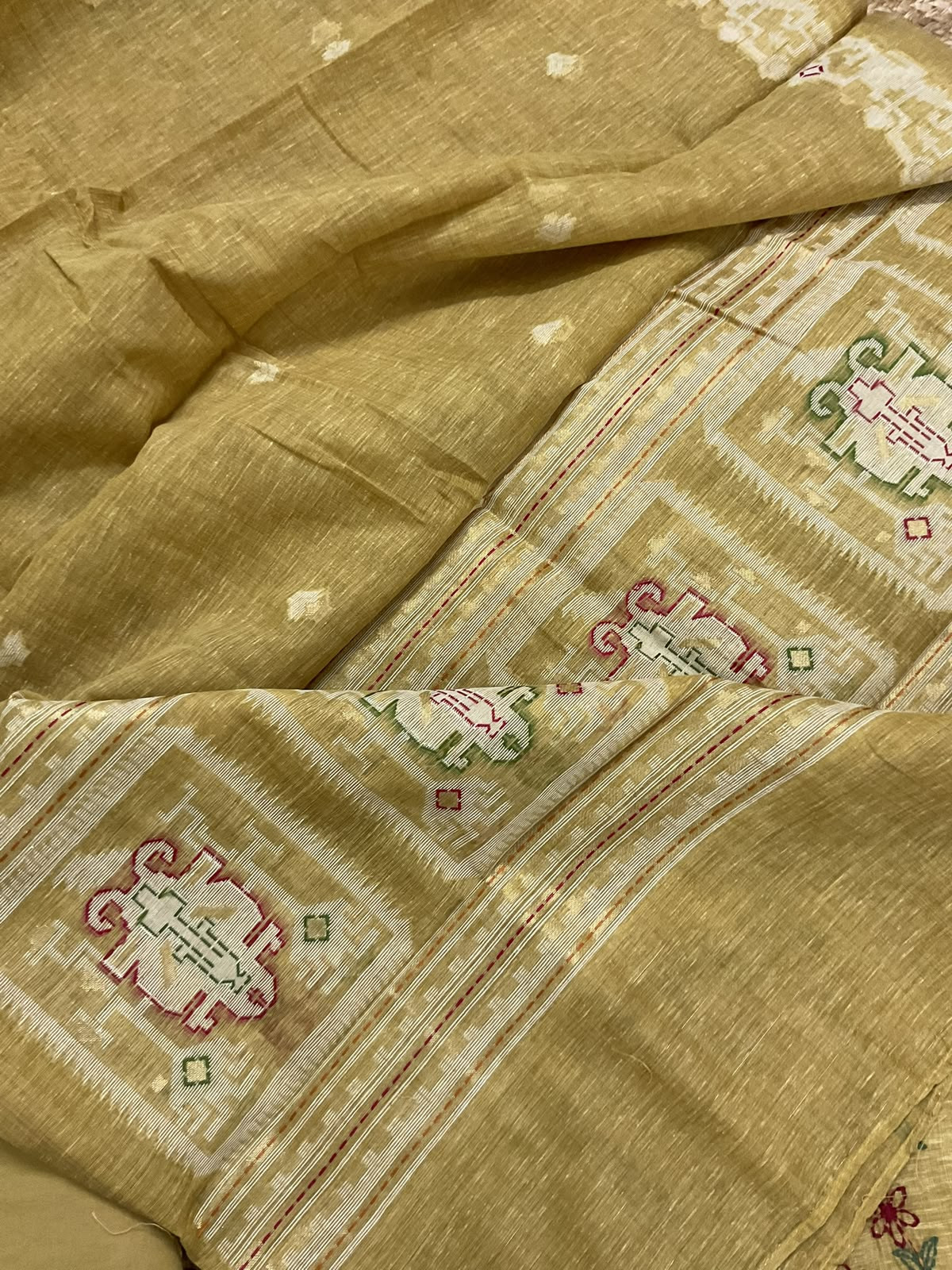 Soft Slub Chanderi Jamdani Weaved Kantha Work Suit - Yellow