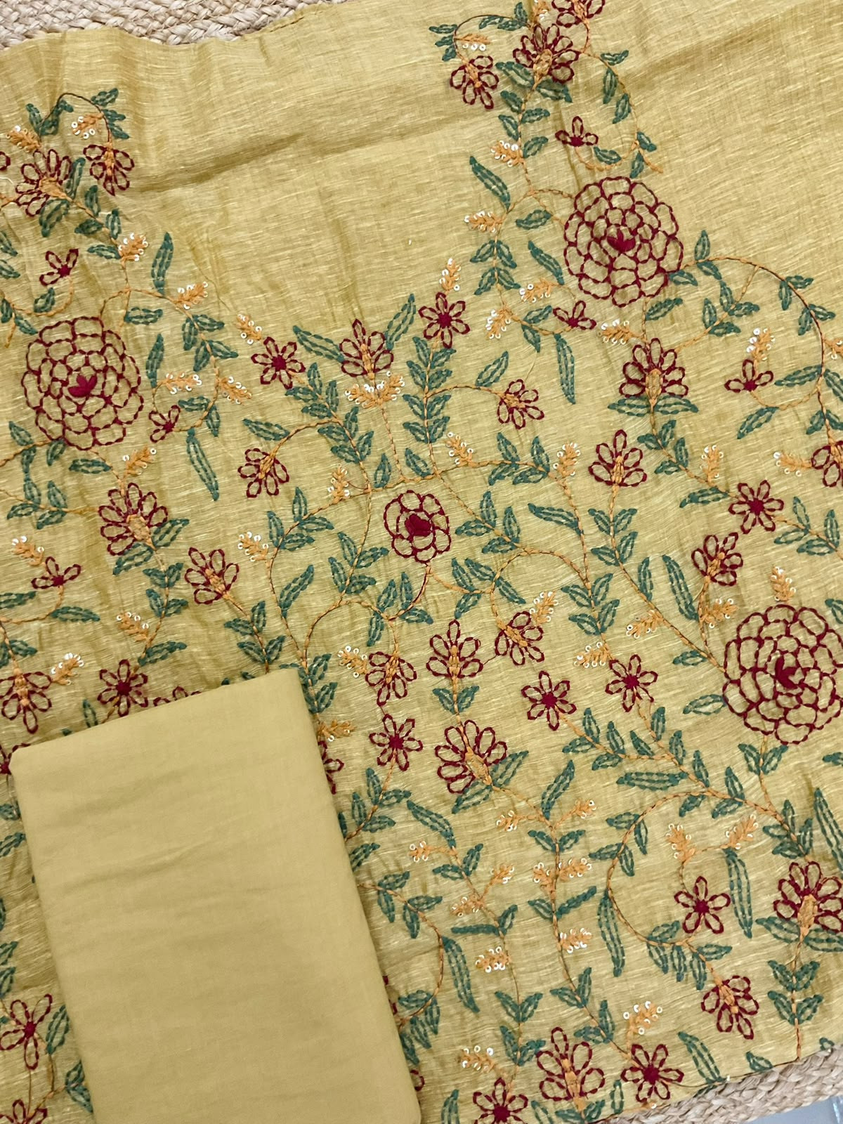 Soft Slub Chanderi Jamdani Weaved Kantha Work Suit - Yellow