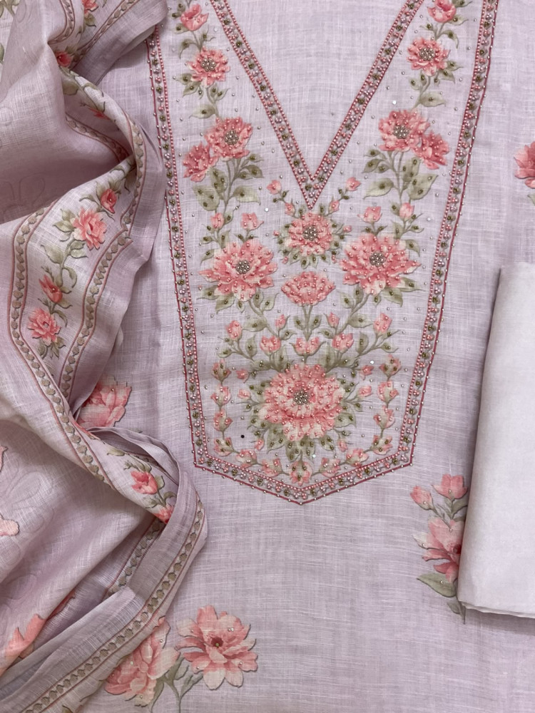 Image of Soft Linen Jute Cotton Printed Embroidered Suit - Lilac