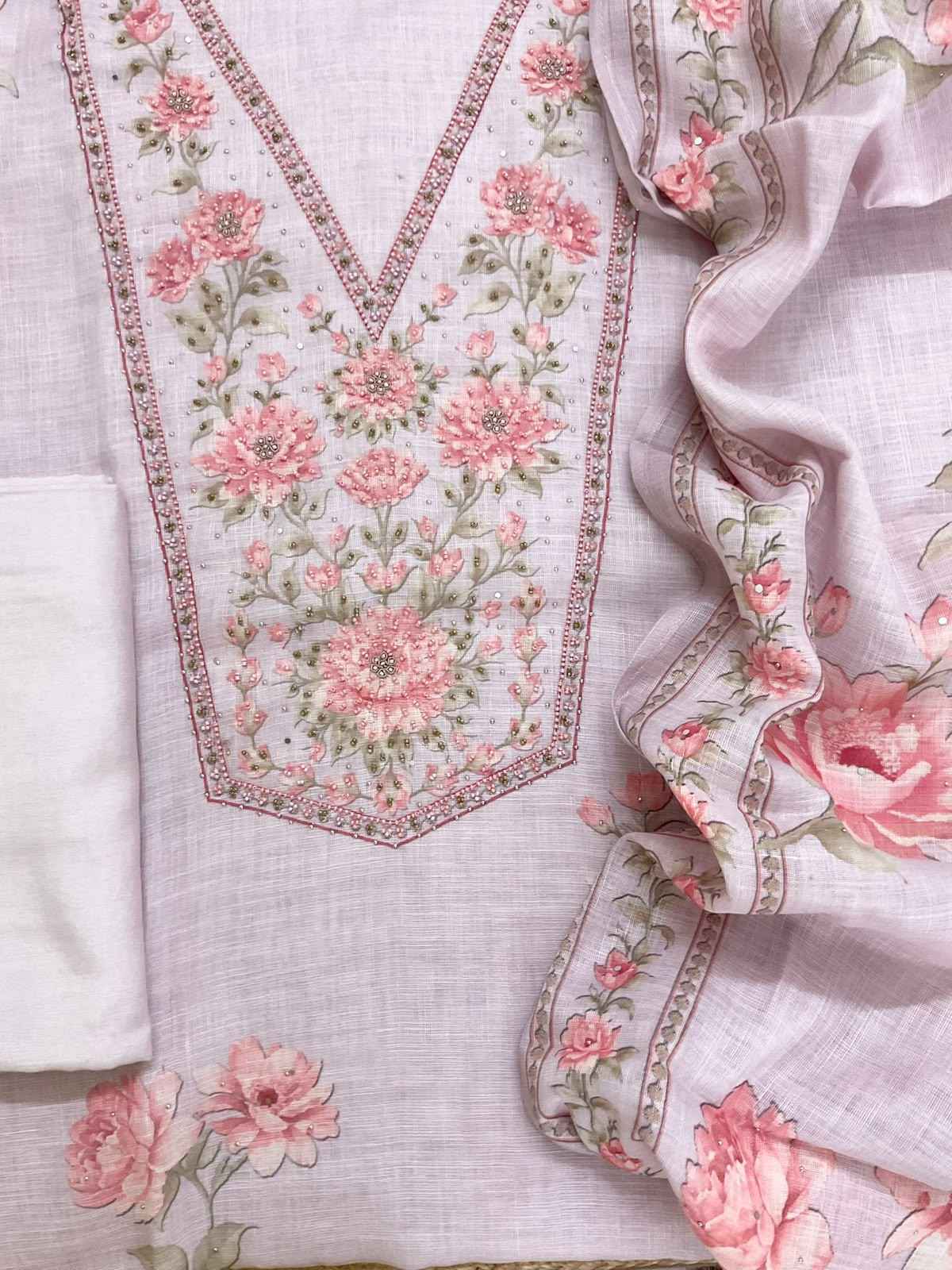 Soft Linen Jute Cotton Printed Embroidered Suit - Lilac