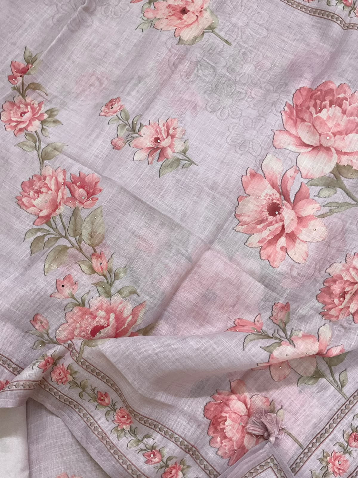 Soft Linen Jute Cotton Printed Embroidered Suit - Lilac