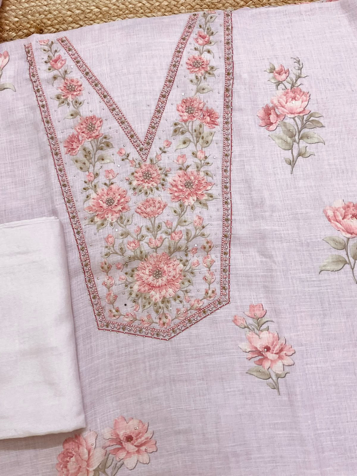 Soft Linen Jute Cotton Printed Embroidered Suit - Lilac