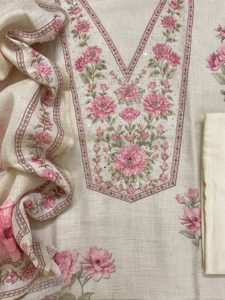 Image of Soft Linen Jute Cotton Printed Embroidered Suit - Cream