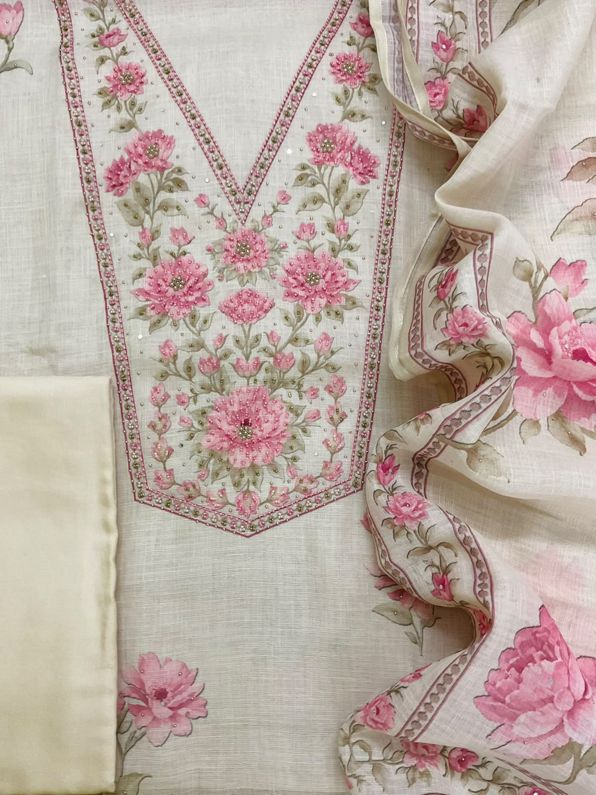 Soft Linen Jute Cotton Printed Embroidered Suit - Cream