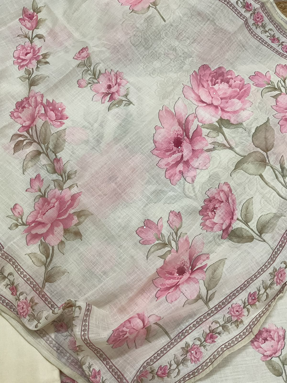 Soft Linen Jute Cotton Printed Embroidered Suit - Cream