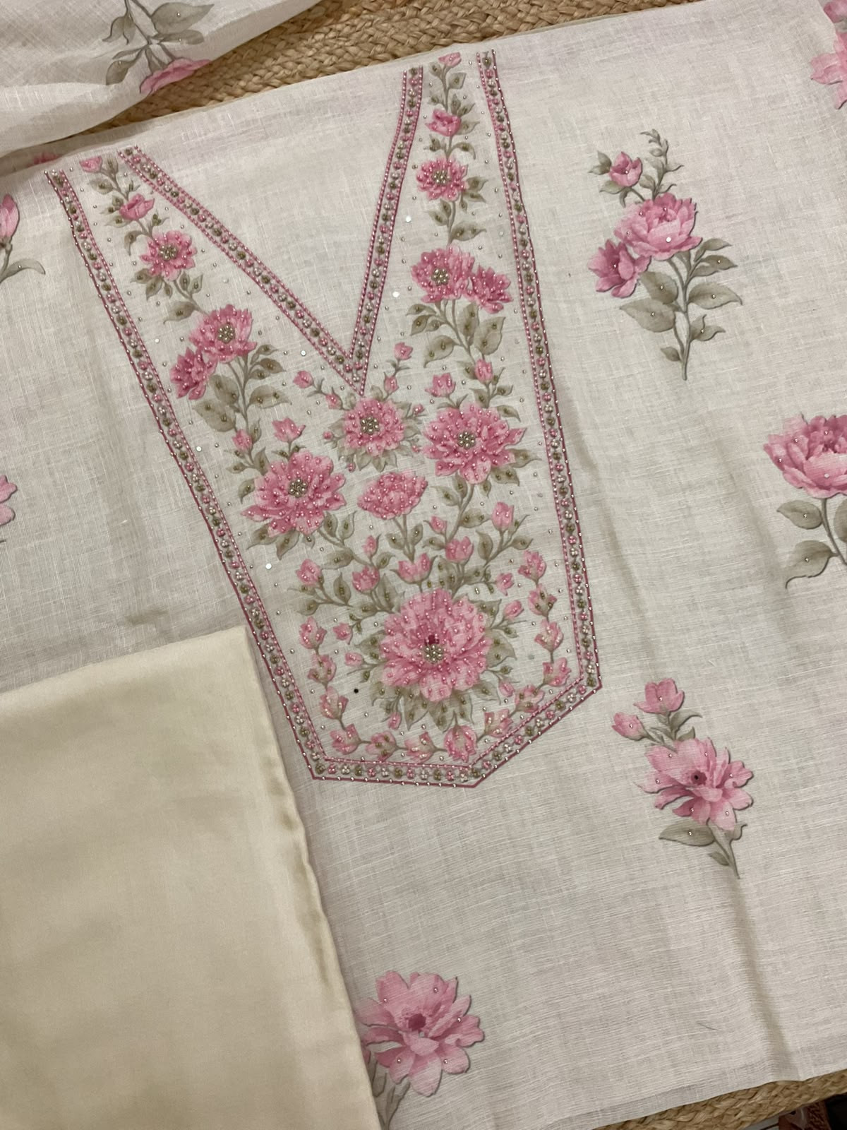 Soft Linen Jute Cotton Printed Embroidered Suit - Cream