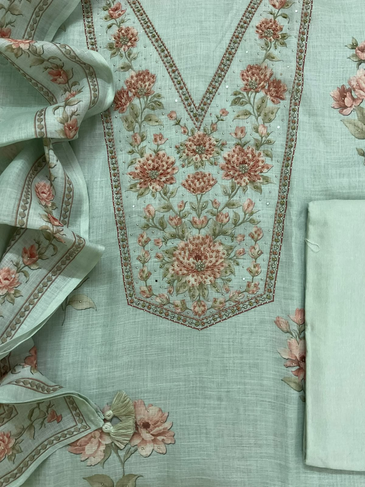 Soft Linen Jute Cotton Printed Embroidered Suit - Sea Green