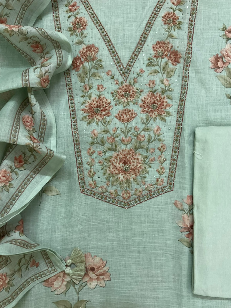 Image of Soft Linen Jute Cotton Printed Embroidered Suit - Sea Green