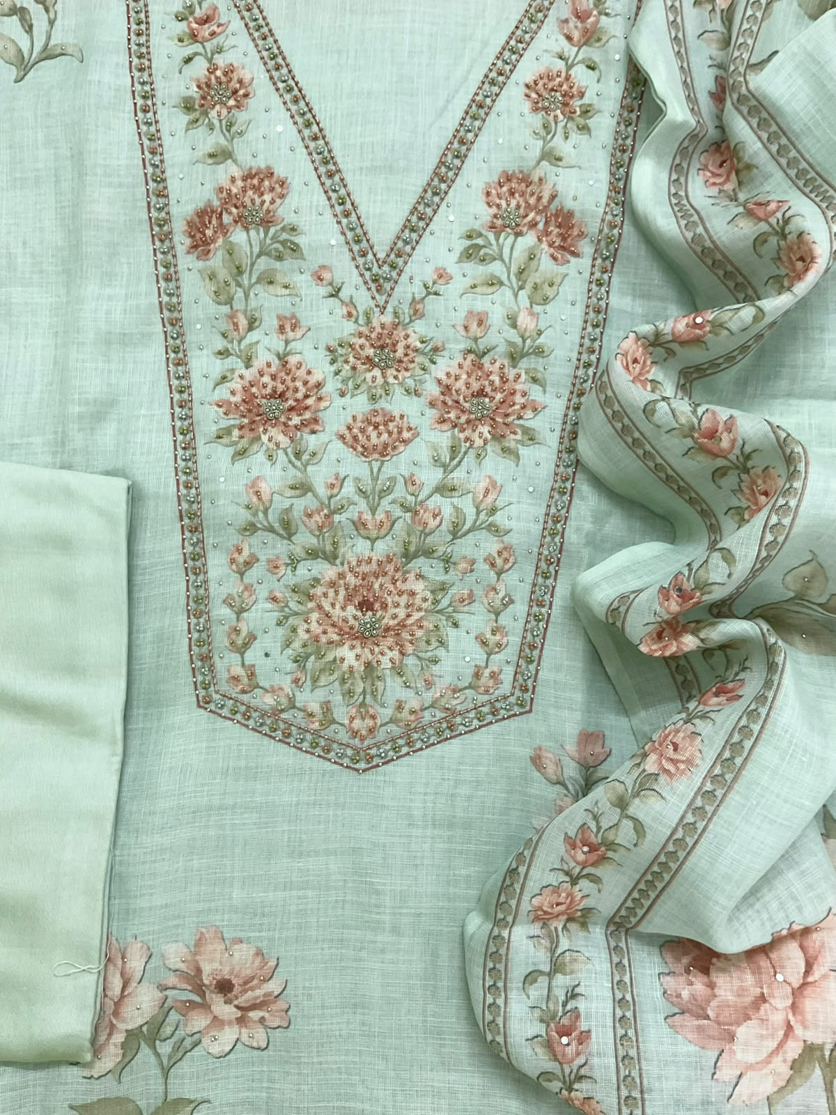 Soft Linen Jute Cotton Printed Embroidered Suit - Sea Green