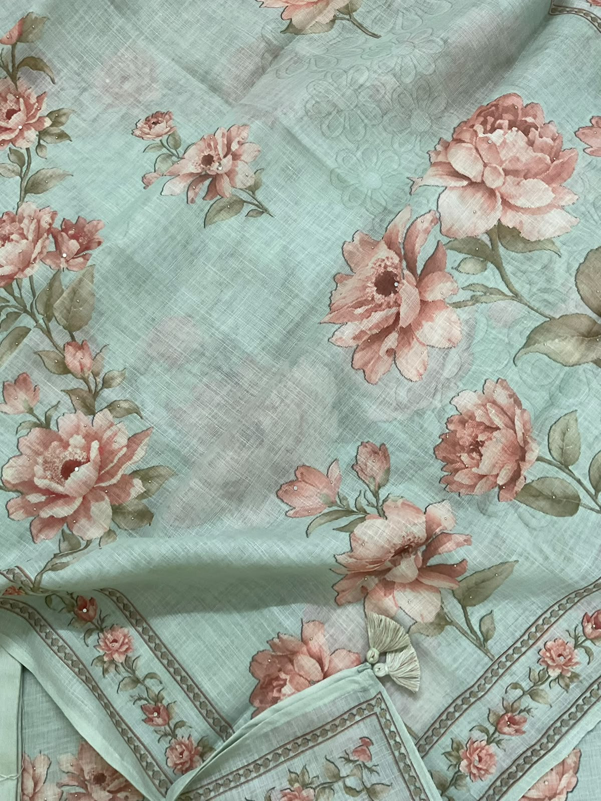 Soft Linen Jute Cotton Printed Embroidered Suit - Sea Green