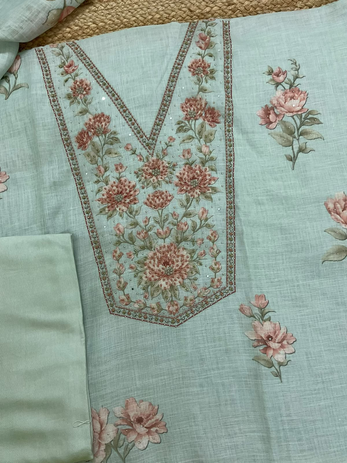 Soft Linen Jute Cotton Printed Embroidered Suit - Sea Green