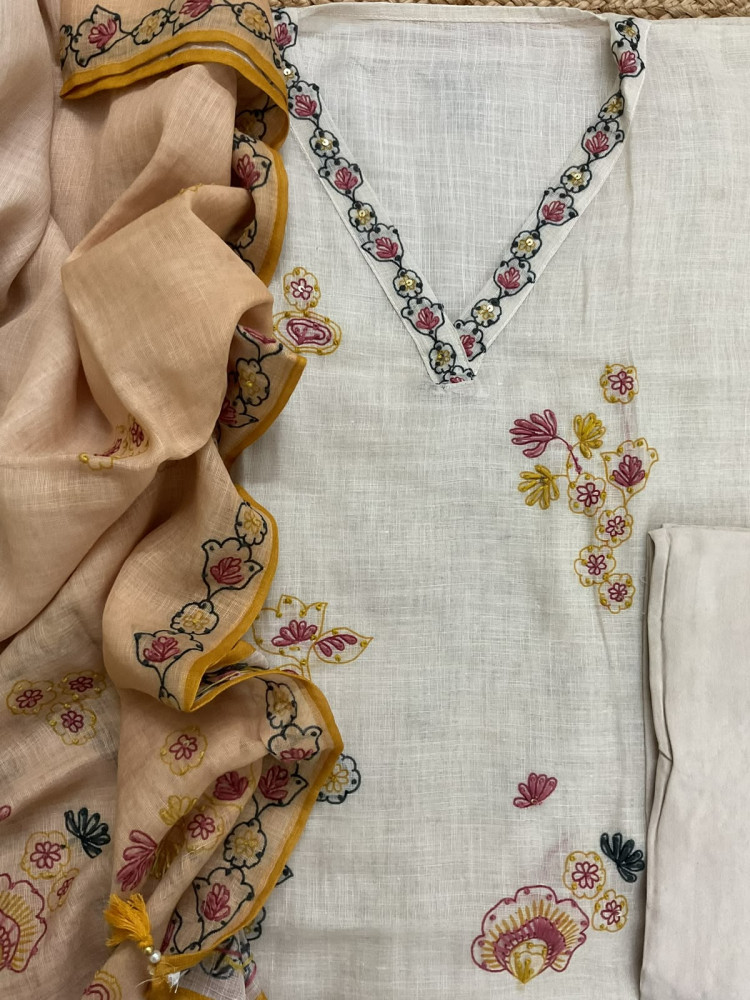 Image of Soft Linen Jute Cotton Printed Embroidered Suit - Cream