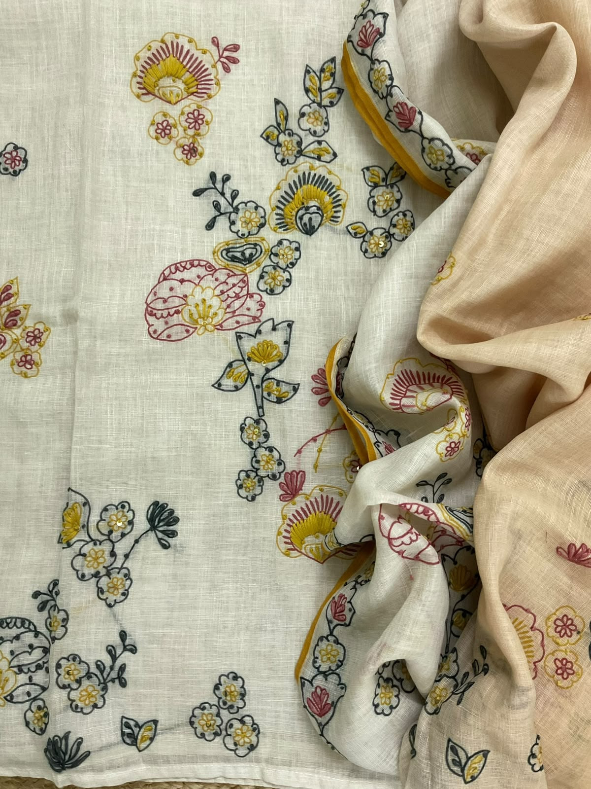 Soft Linen Jute Cotton Printed Embroidered Suit - Cream