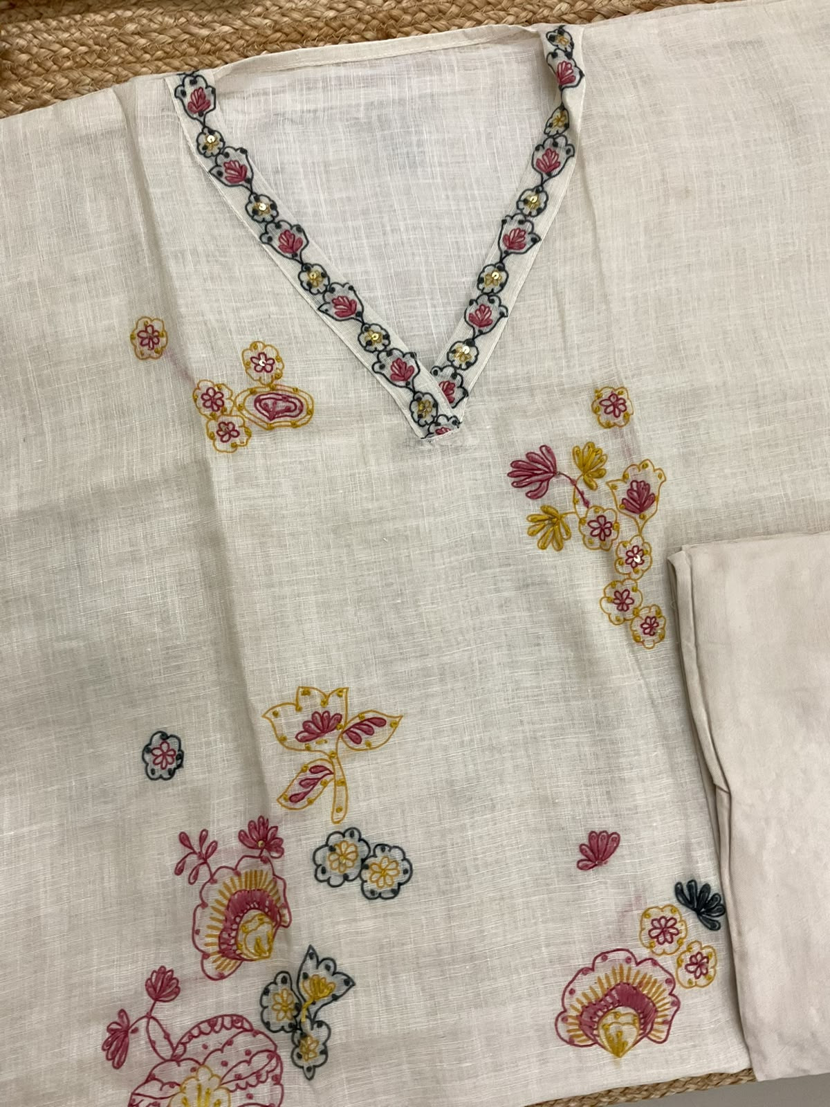 Soft Linen Jute Cotton Printed Embroidered Suit - Cream