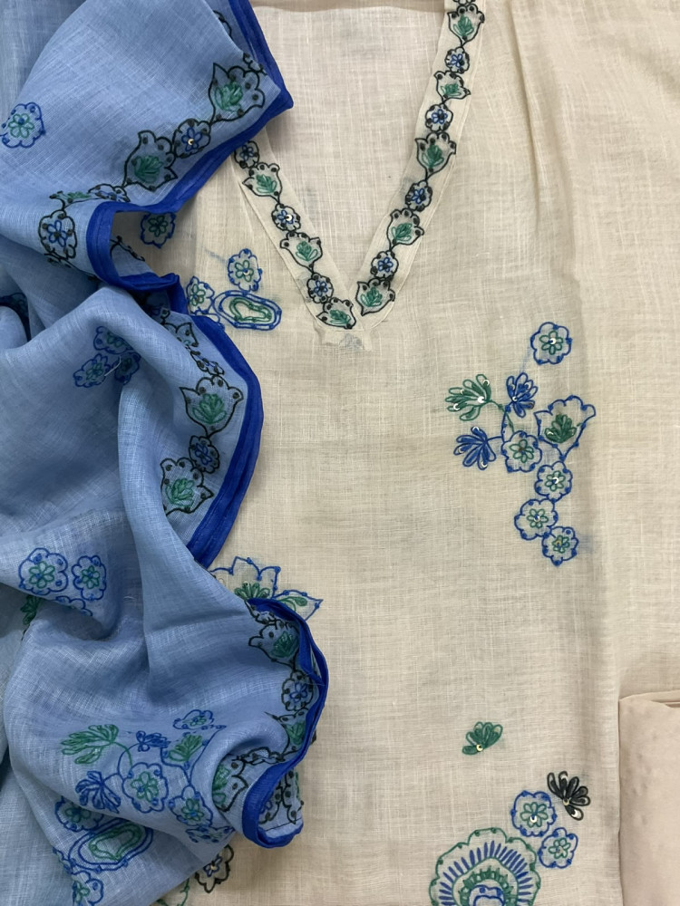 Image of Soft Linen Jute Cotton Printed Embroidered Suit - Cream