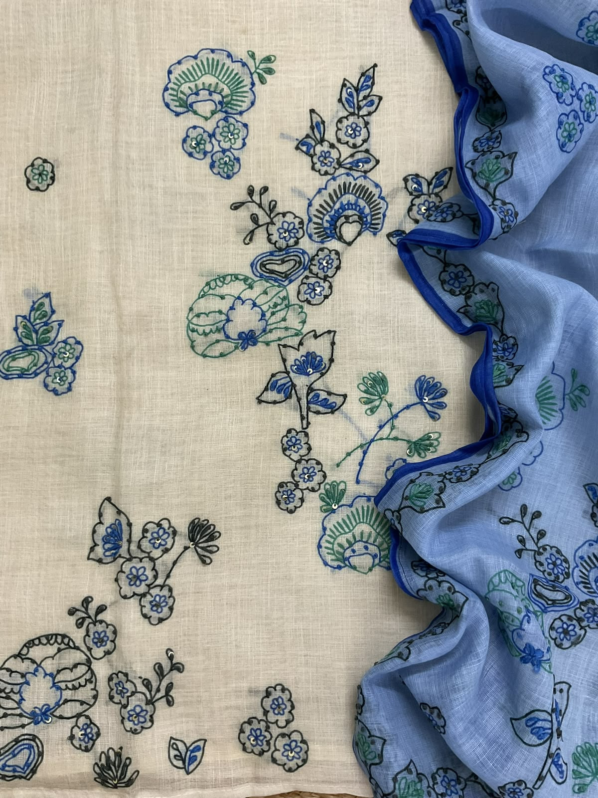 Soft Linen Jute Cotton Printed Embroidered Suit - Cream