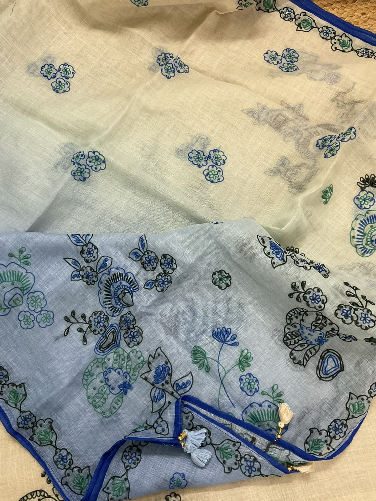 Soft Linen Jute Cotton Printed Embroidered Suit - Cream