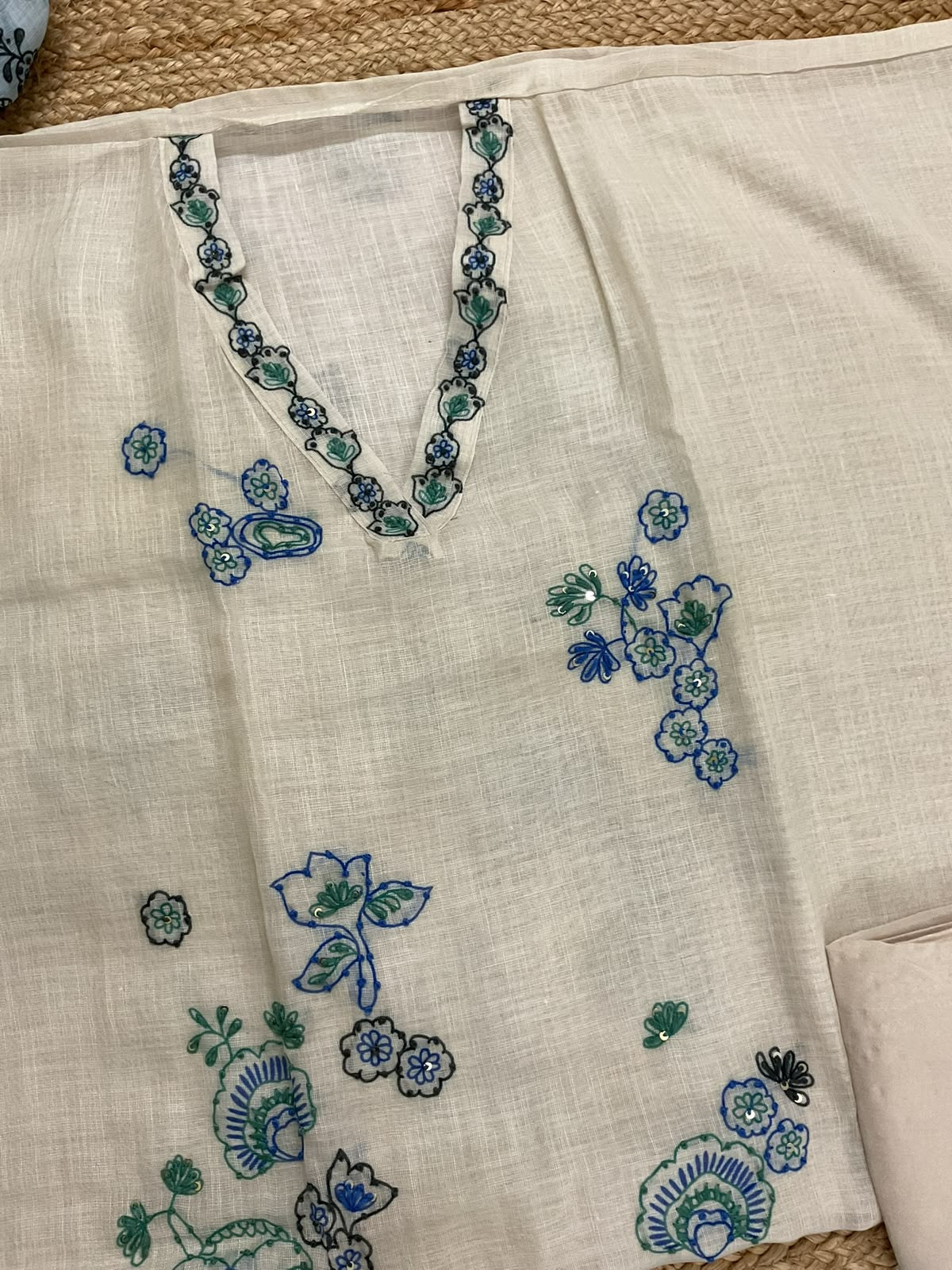 Soft Linen Jute Cotton Printed Embroidered Suit - Cream