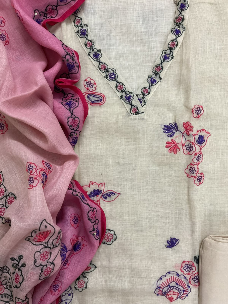 Image of Soft Linen Jute Cotton Printed Embroidered Suit - Cream