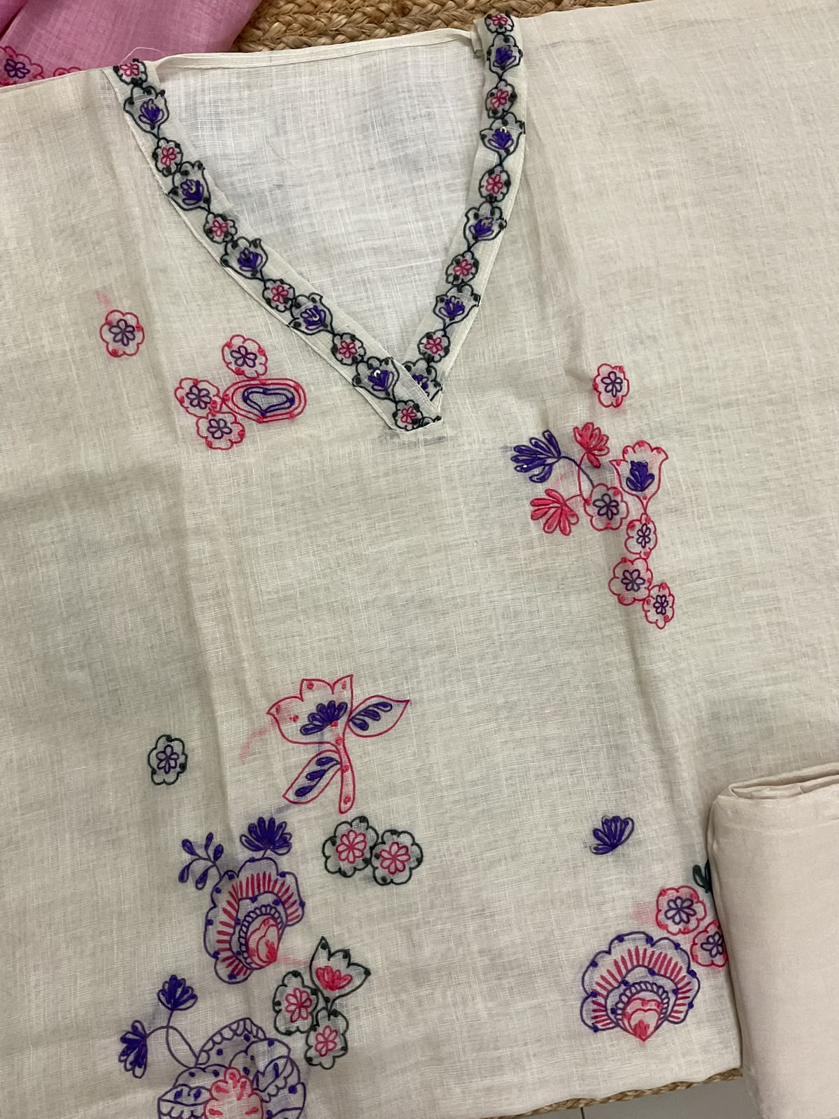 Soft Linen Jute Cotton Printed Embroidered Suit - Cream