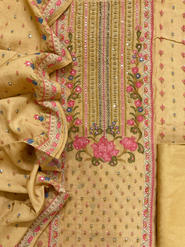 Image of Pure Muslin Printed Embroidered Suit - Mustard