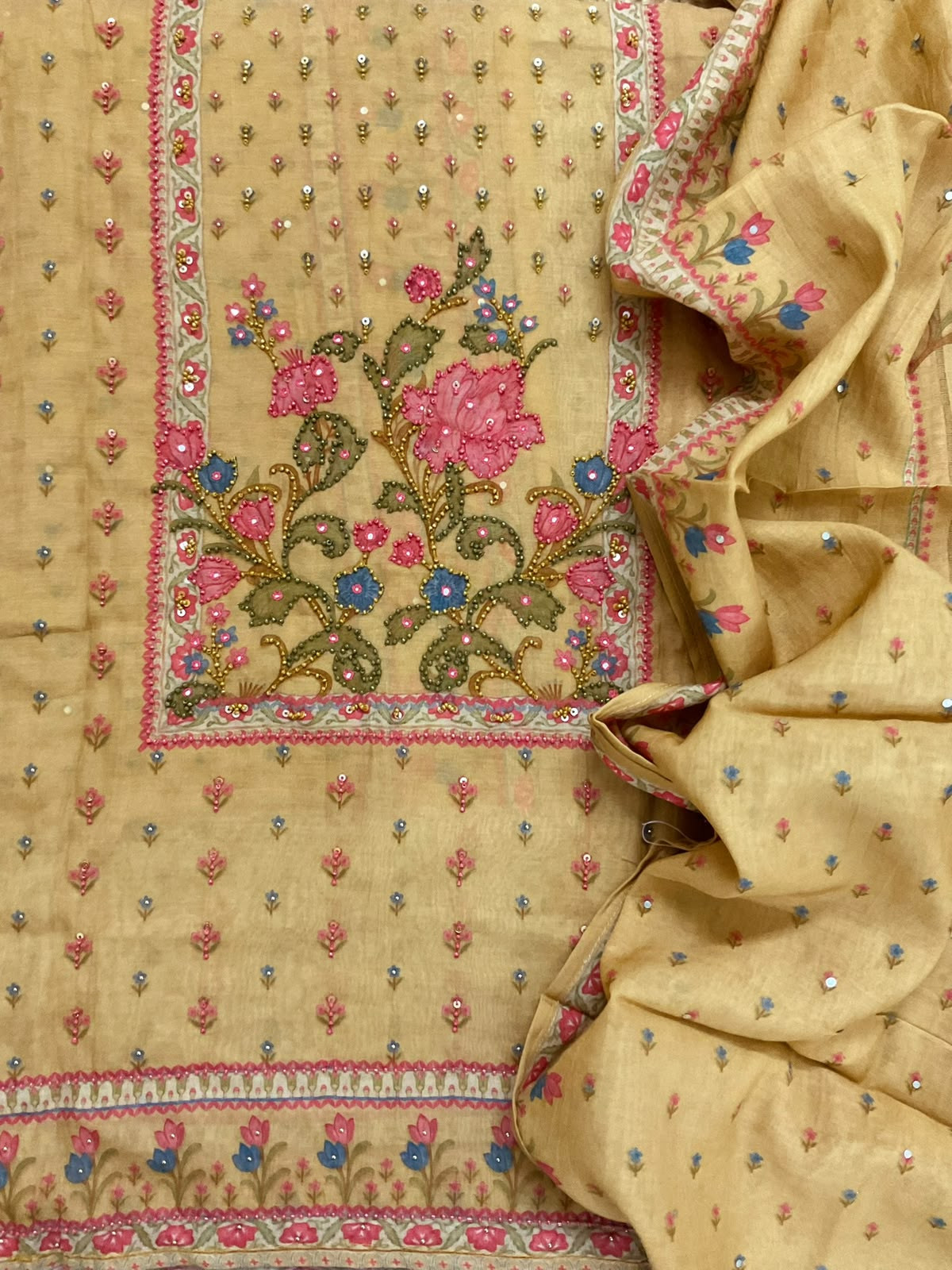 Pure Muslin Printed Embroidered Suit - Mustard