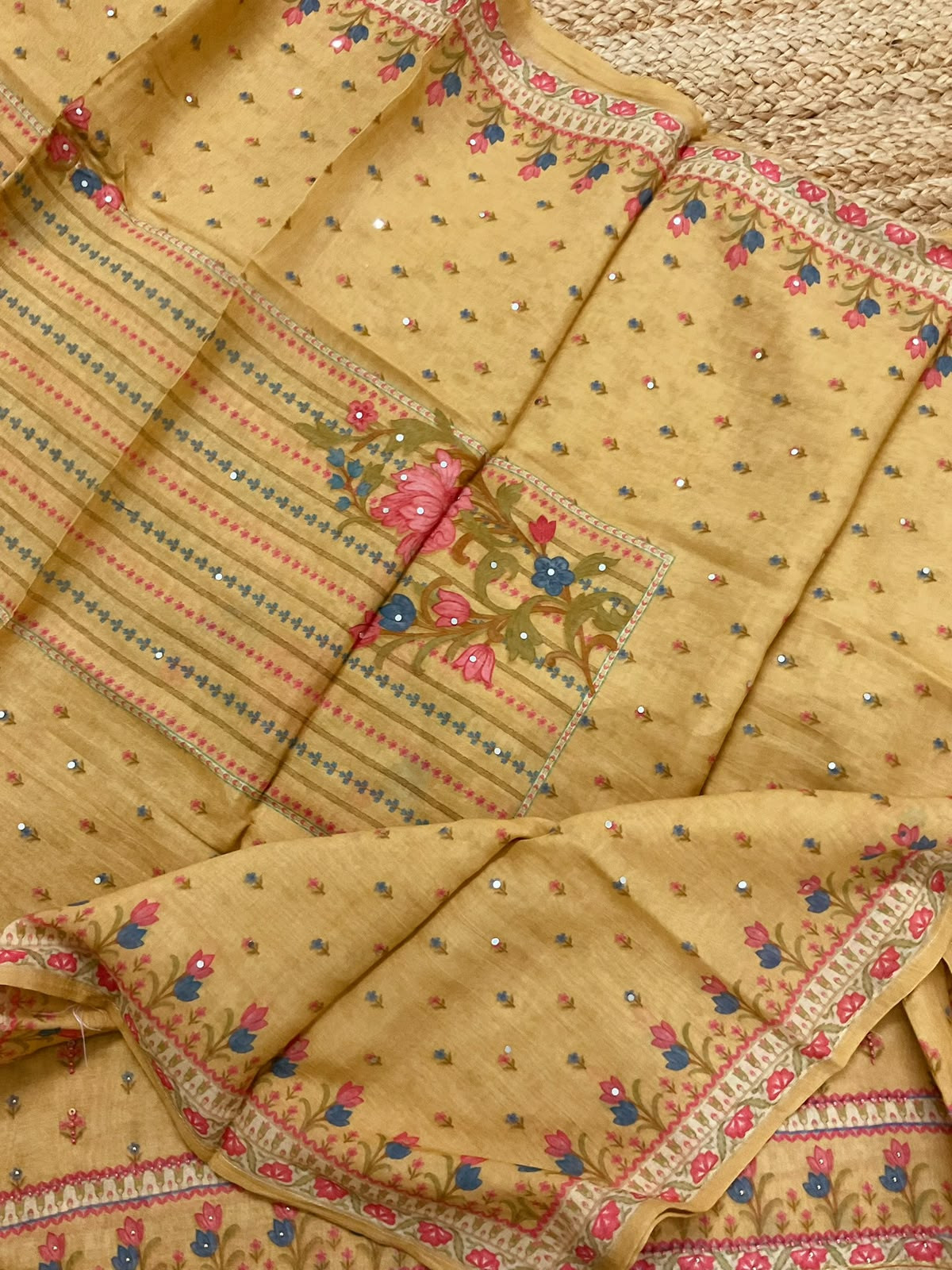 Pure Muslin Printed Embroidered Suit - Mustard