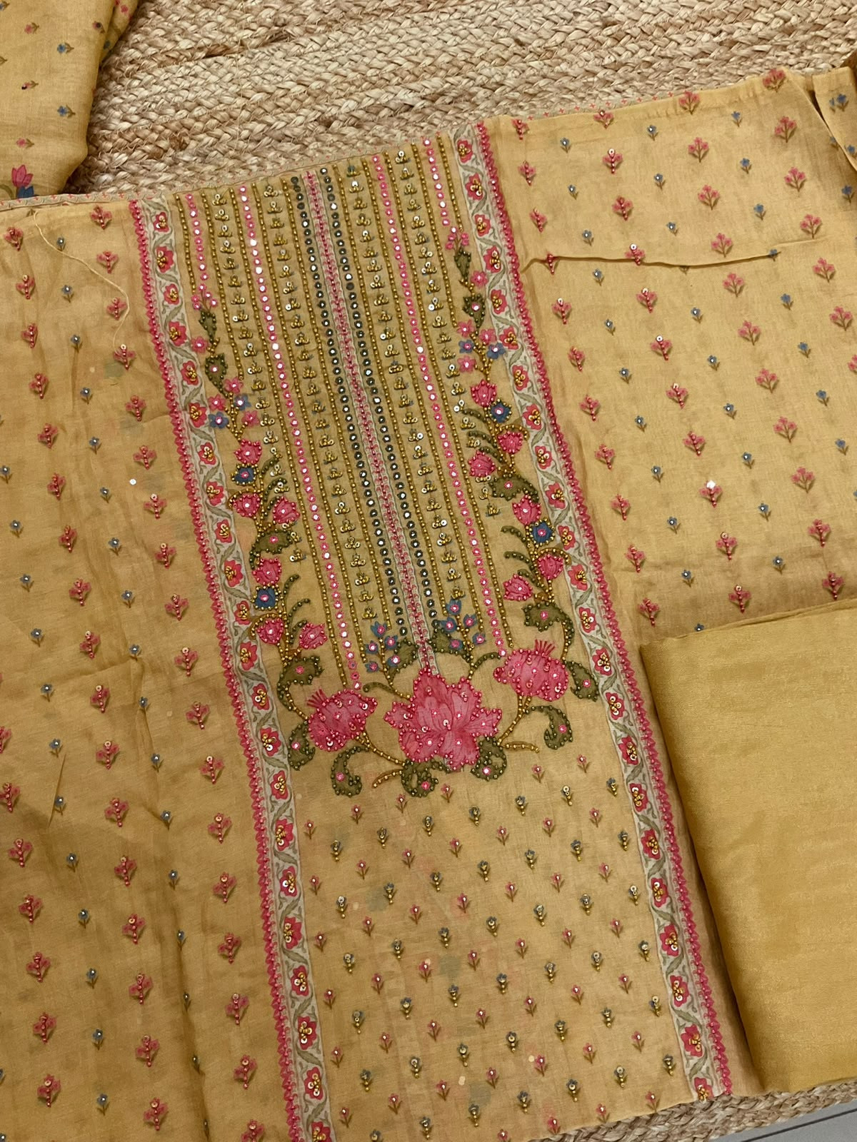 Pure Muslin Printed Embroidered Suit - Mustard