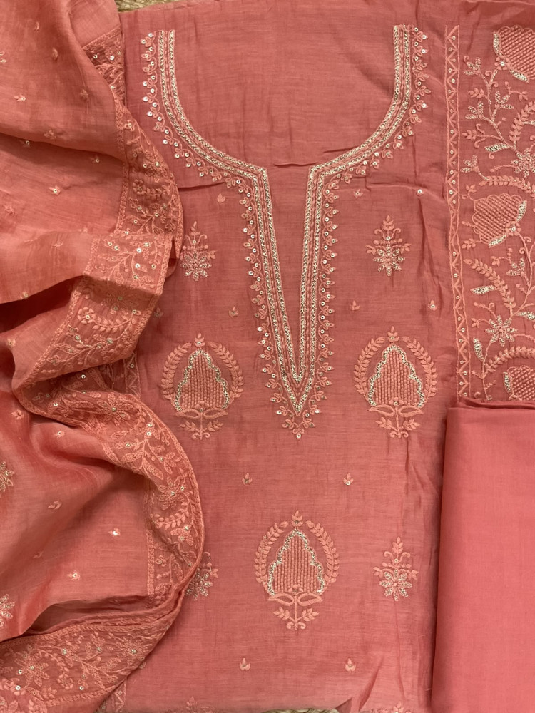 Image of Pure Mul Chanderi Embroidered Suit - Dark Peach
