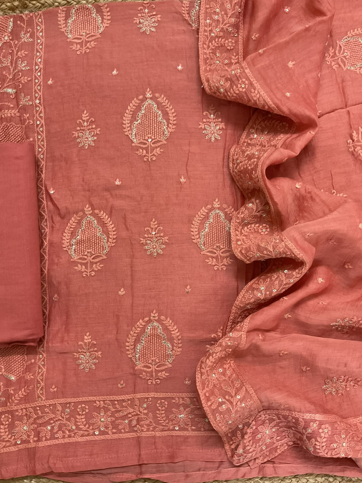 Pure Mul Chanderi Embroidered Suit - Dark Peach