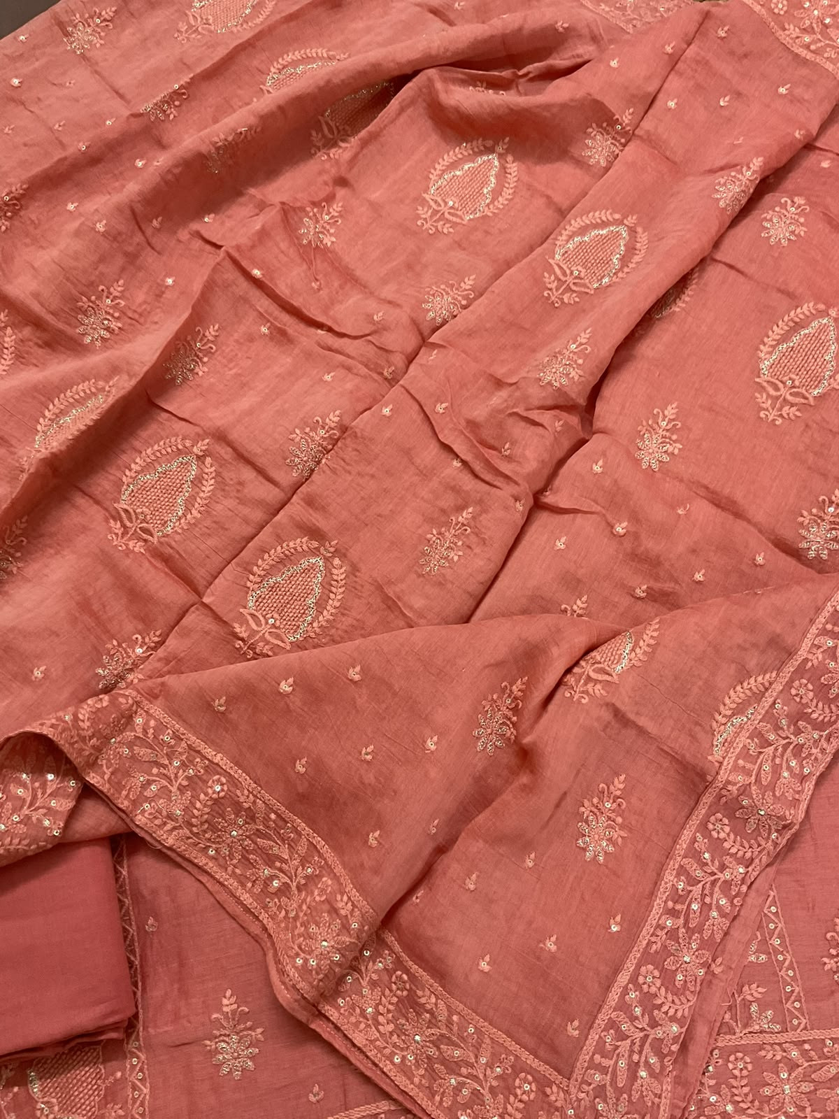Pure Mul Chanderi Embroidered Suit - Dark Peach