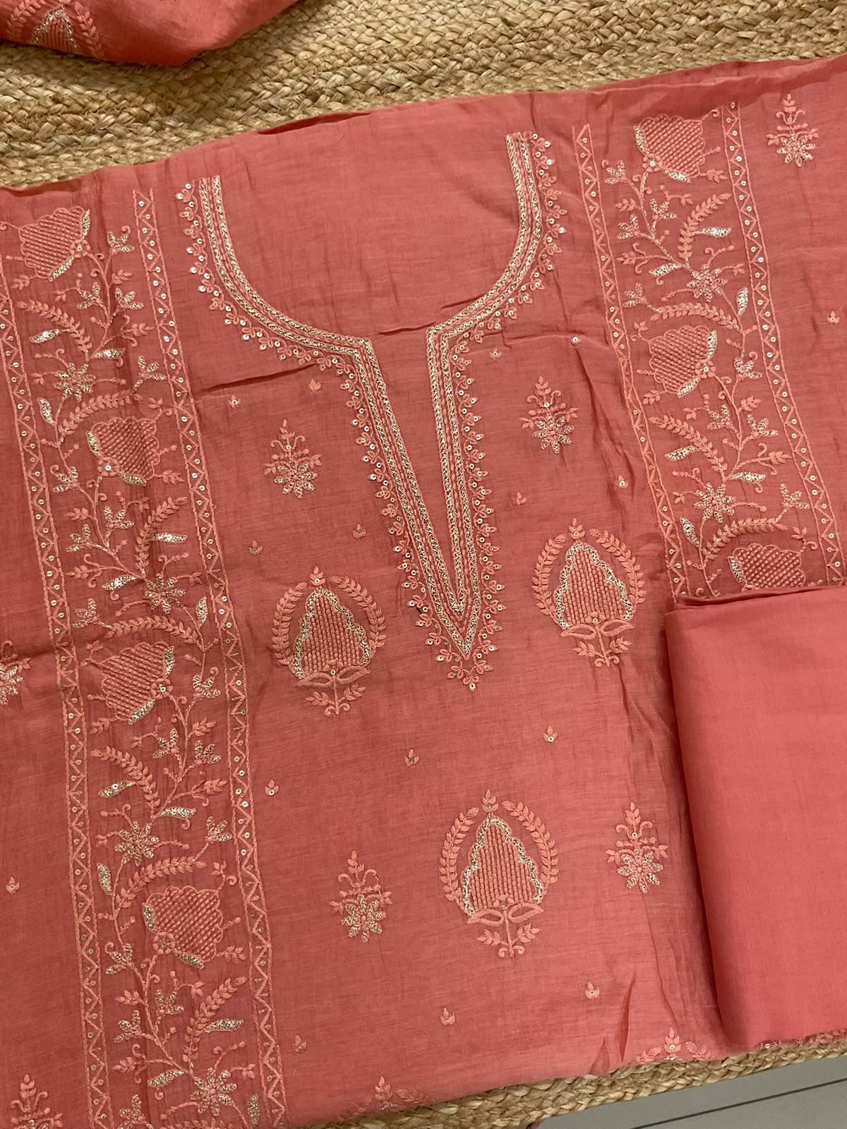 Pure Mul Chanderi Embroidered Suit - Dark Peach