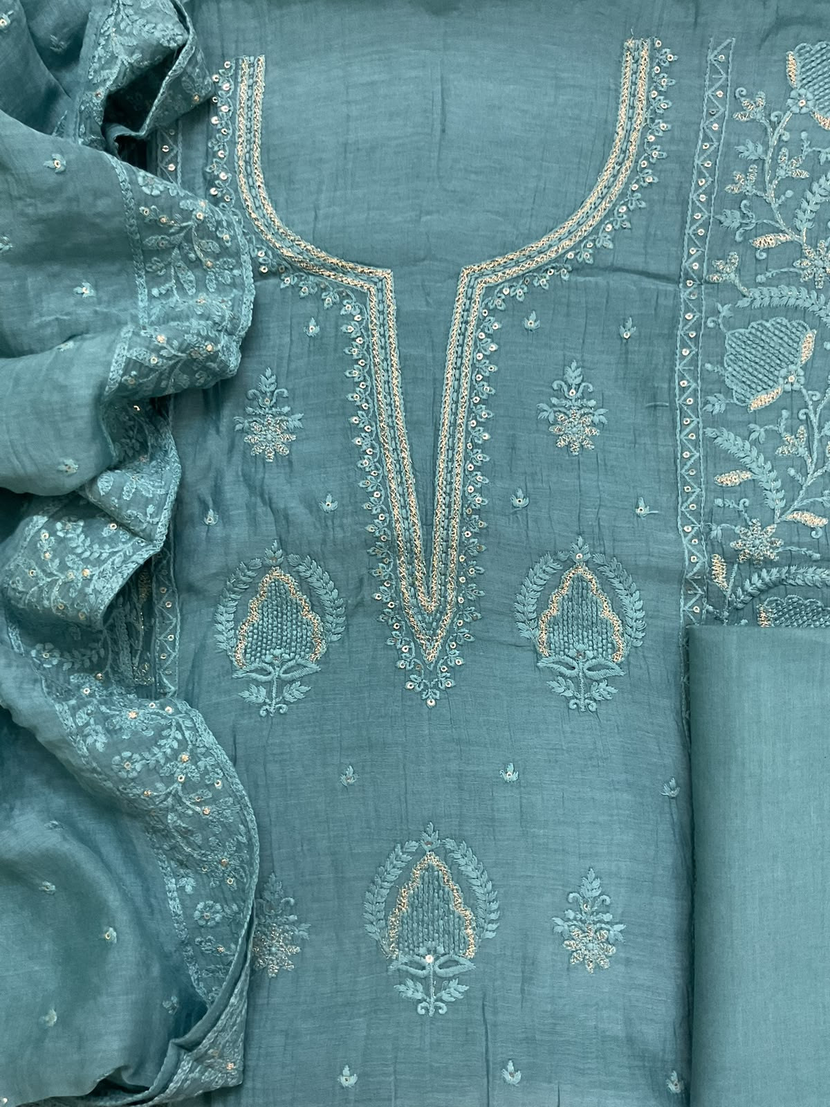 Pure Mul Chanderi Embroidered Suit - Blue