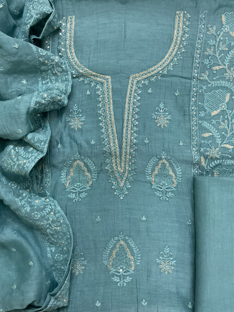 Image of Pure Mul Chanderi Embroidered Suit - Blue