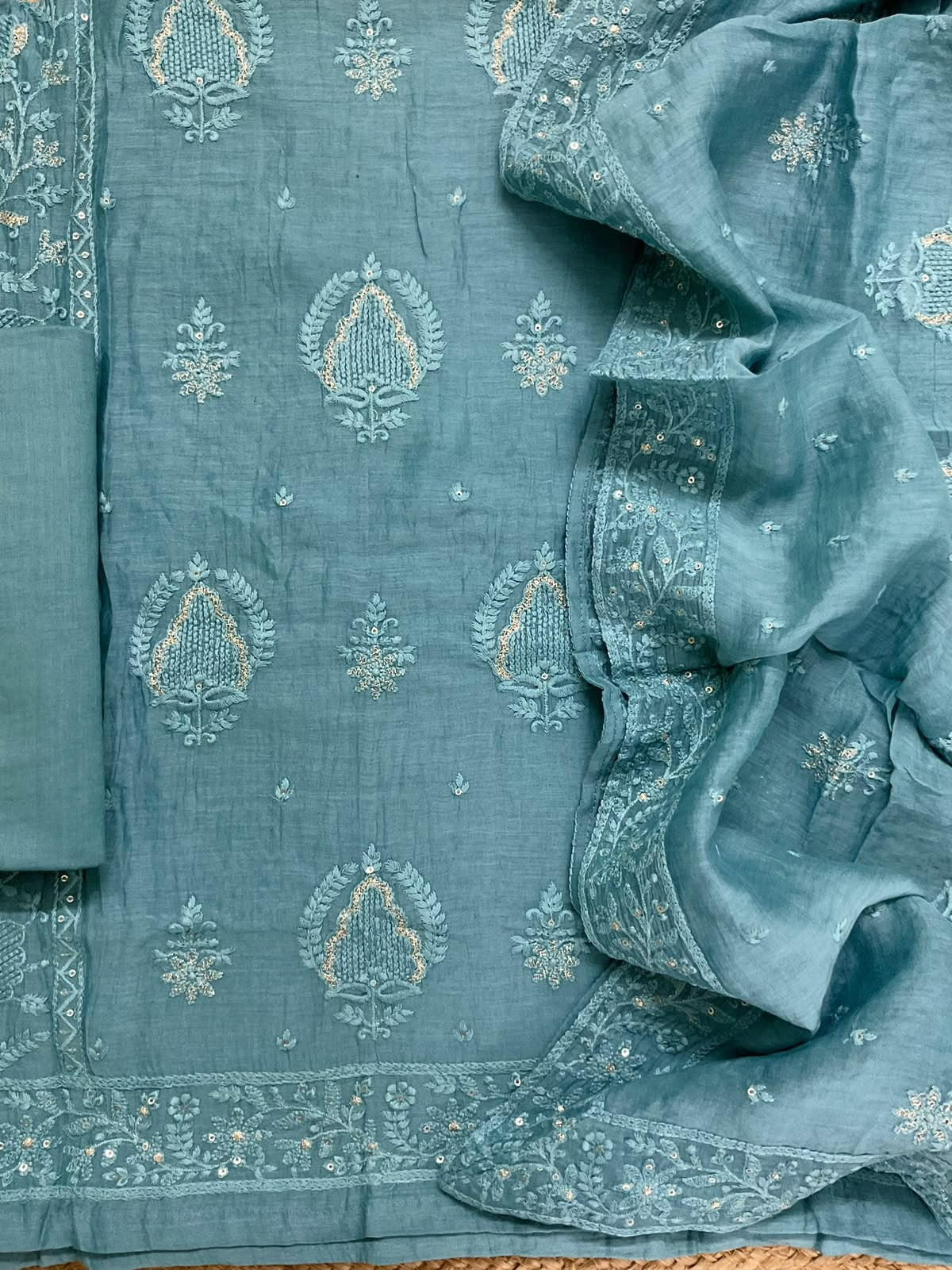Pure Mul Chanderi Embroidered Suit - Blue