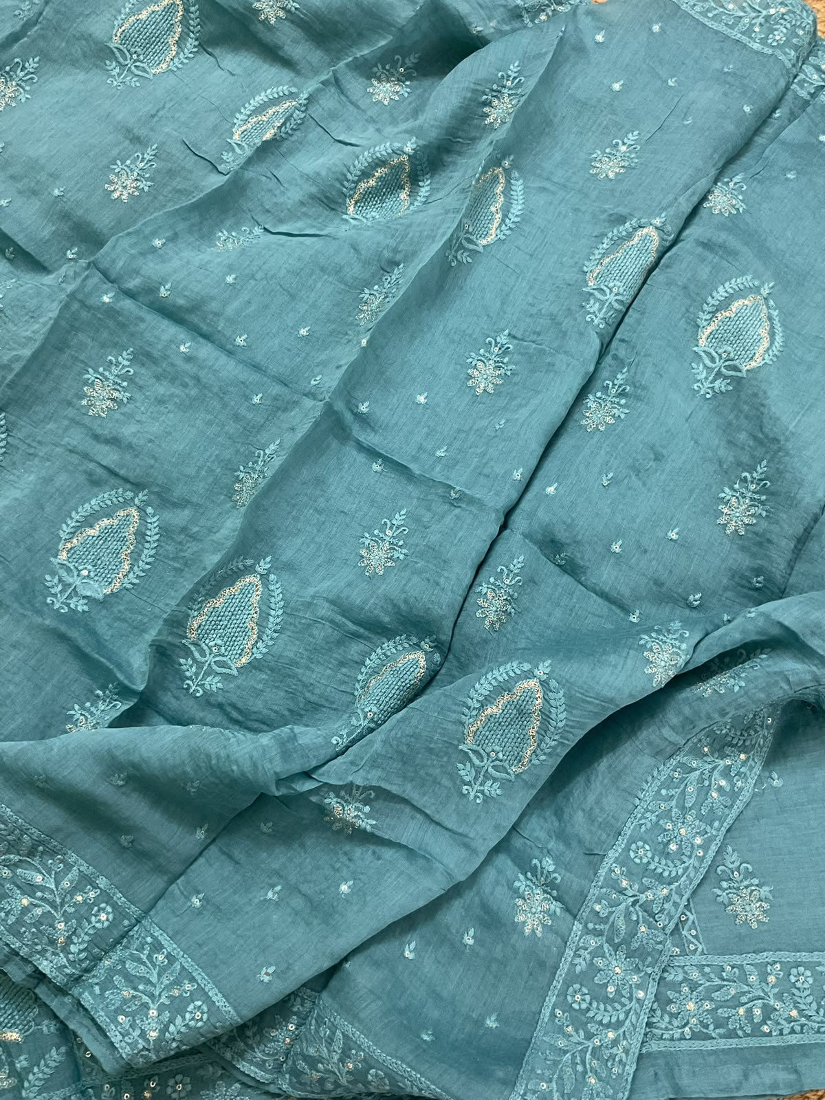 Pure Mul Chanderi Embroidered Suit - Blue