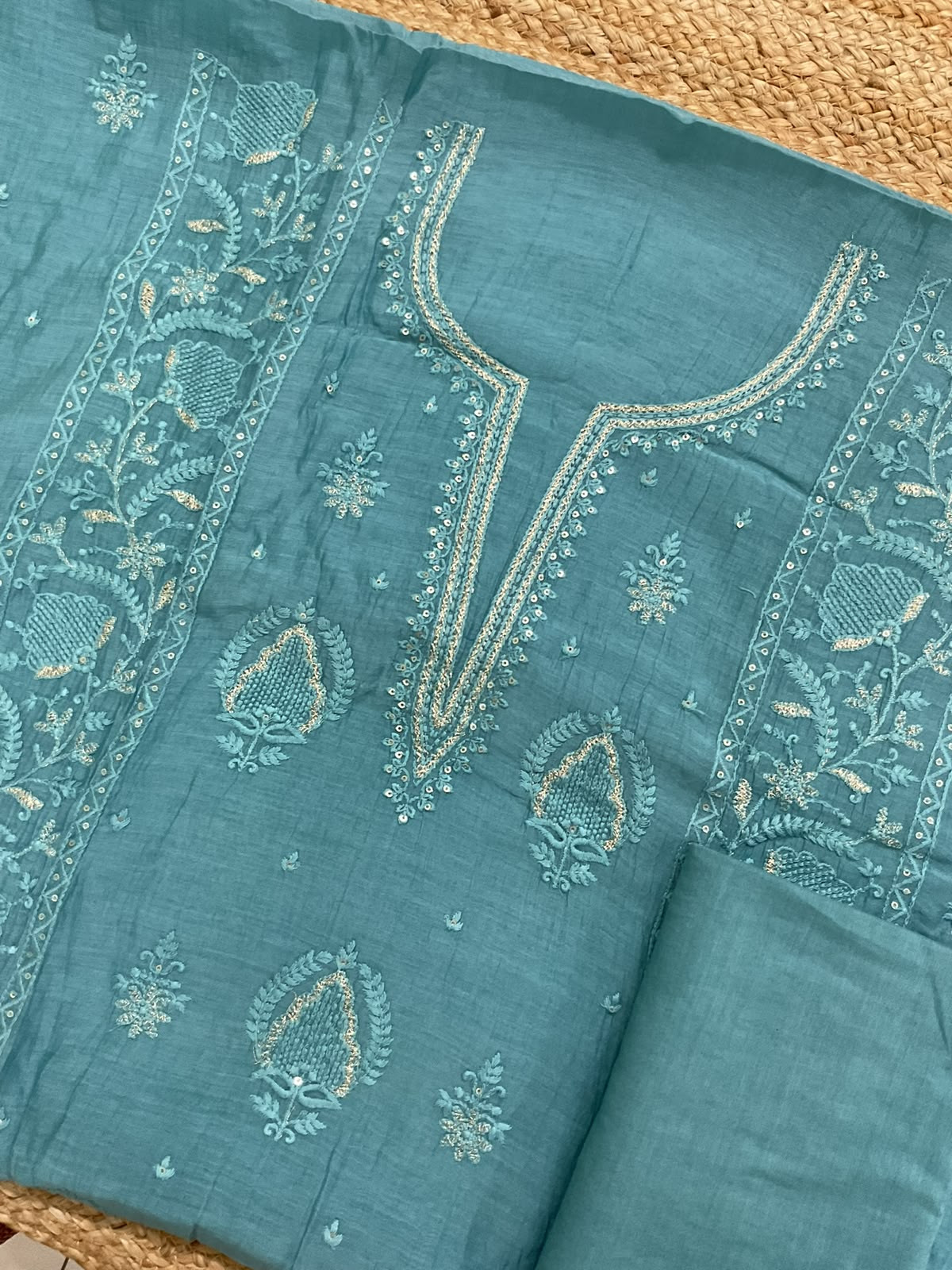 Pure Mul Chanderi Embroidered Suit - Blue