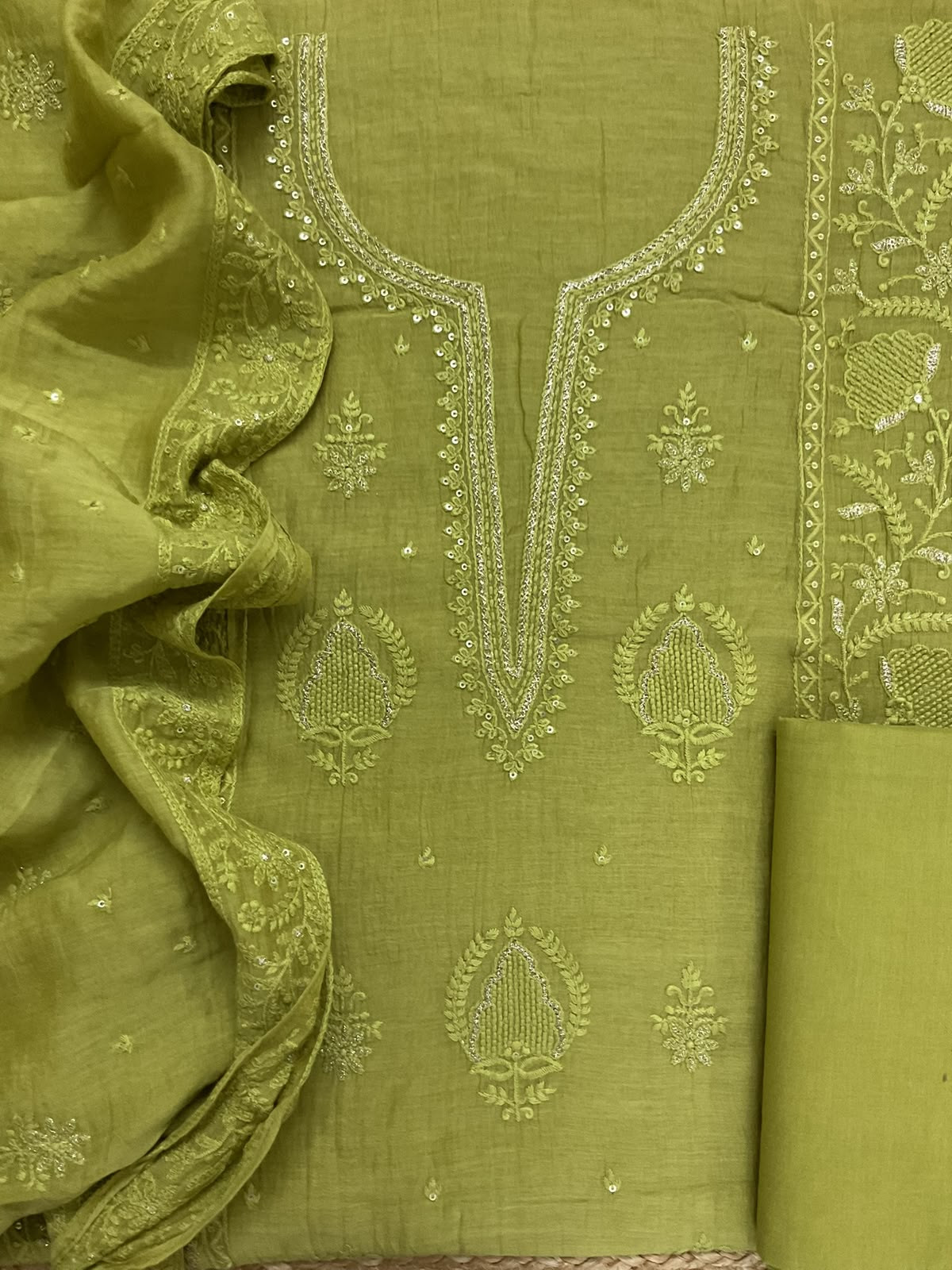 Pure Mul Chanderi Embroidered Suit - Green