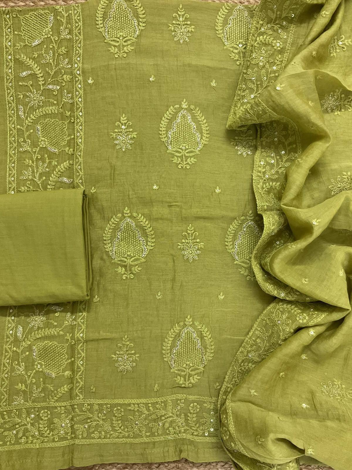 Pure Mul Chanderi Embroidered Suit - Green