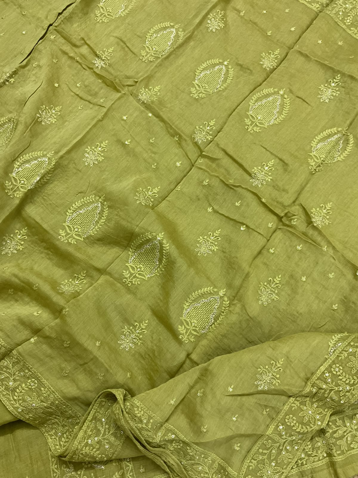 Pure Mul Chanderi Embroidered Suit - Green